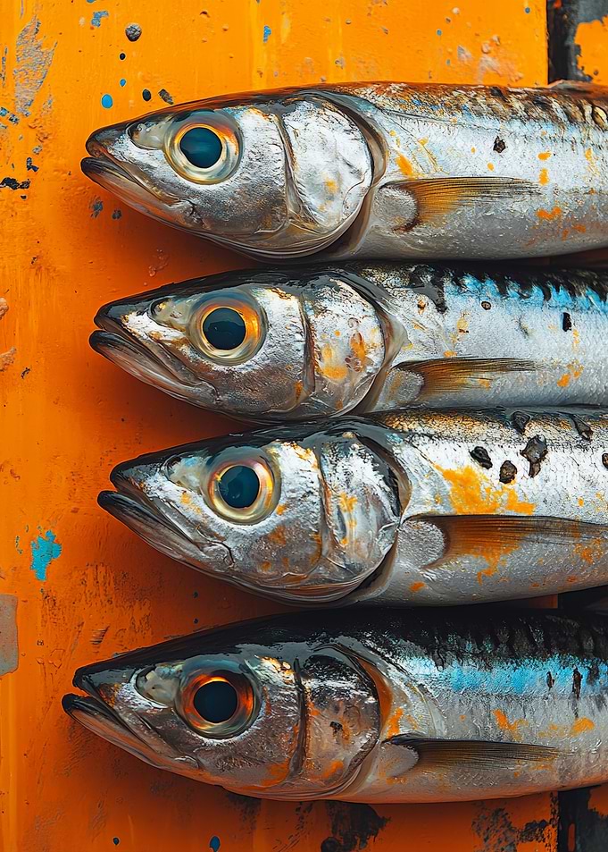Four Silver Fish on Orange