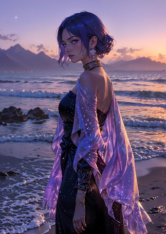 Purple-Haired Girl on Beach