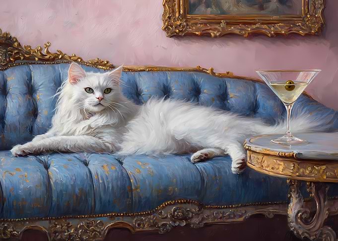 White Cat with Martini on Blue Couch