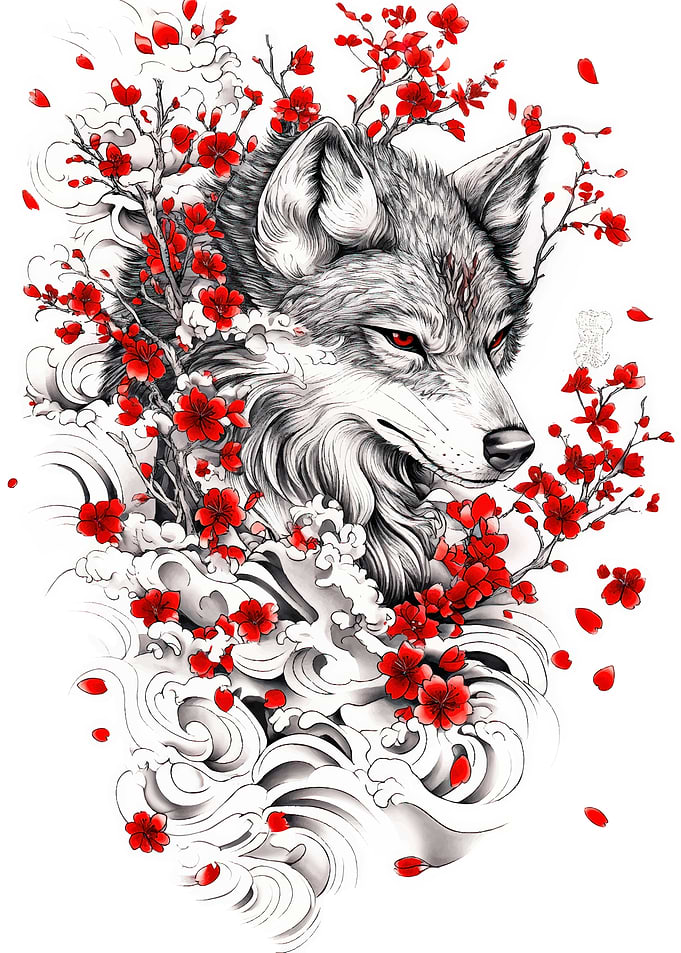Wolf with Cherry Blossoms