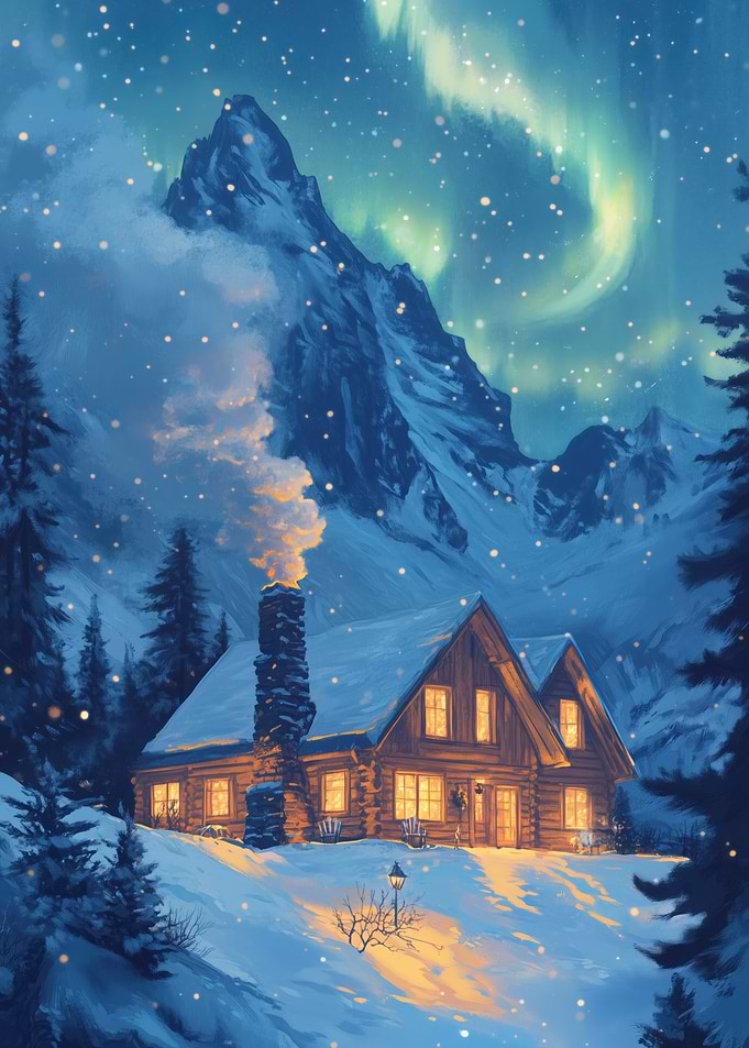 Cozy Cabin Under Aurora Borealis
