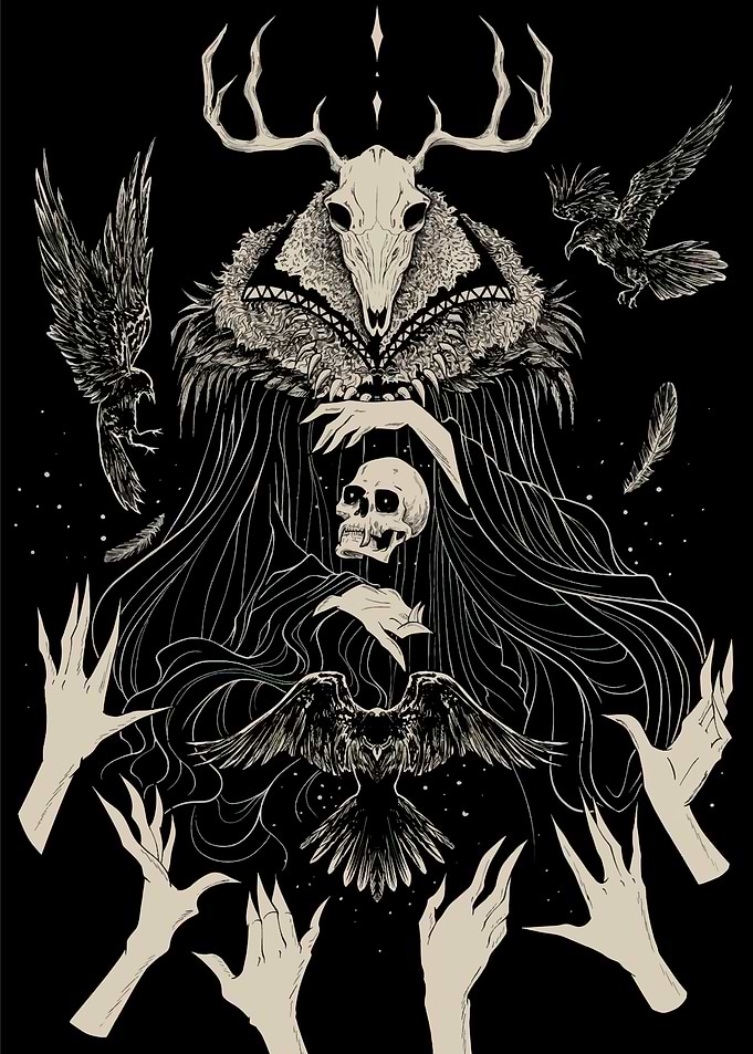 Dark Figure with Skull and Ravens