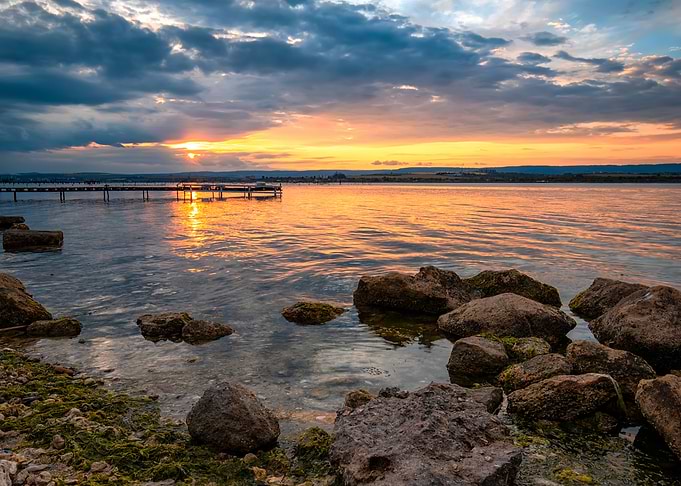 Sunset Over Lake with Pier