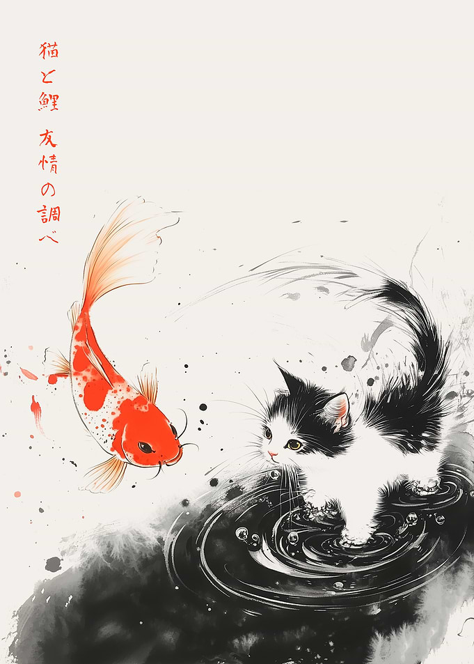 The Carp and the Cat Ink Sumi-e