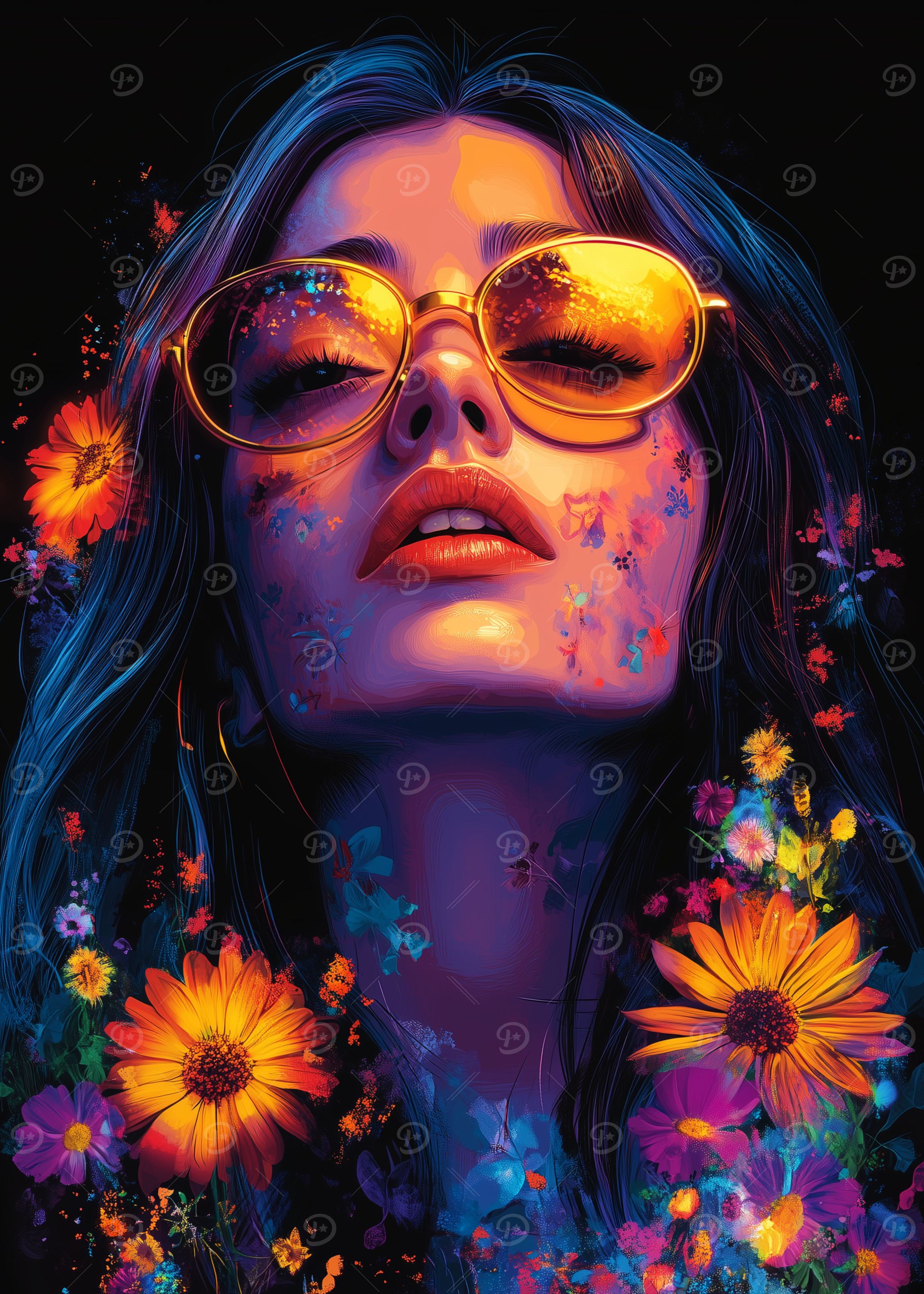 Woman with Flowers and Sunglasses
