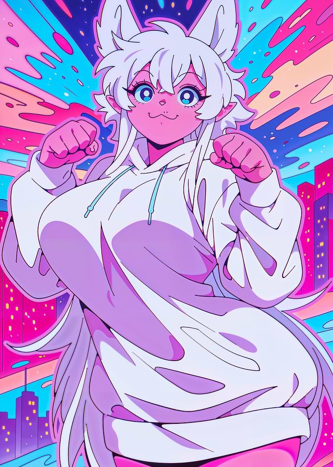Retro Anime Girl in White Hoodie