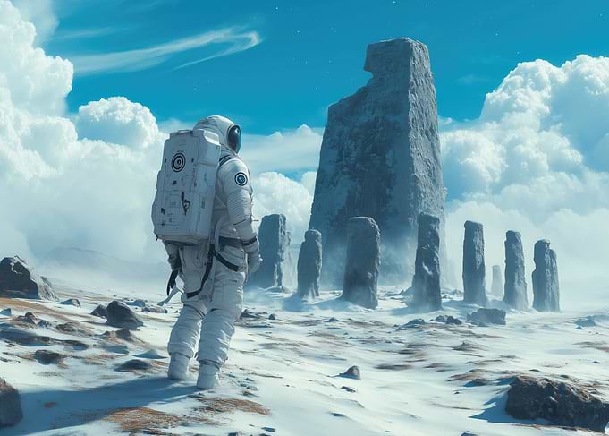 A lone astronaut discovering an ancient, Stonehenge on a mysterious, uncharted planet
