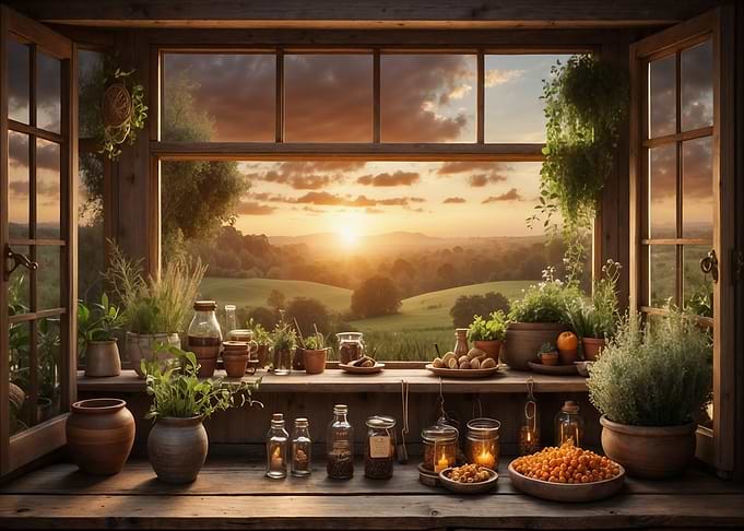 Sunset Window with Herbs