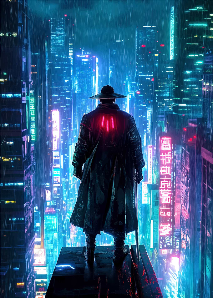 Cyberpunk Cityscape with Figure