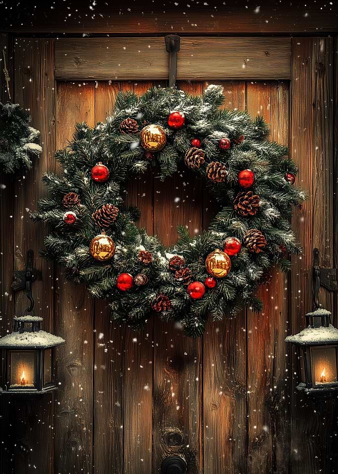 Christmas Wreath on Wooden Door