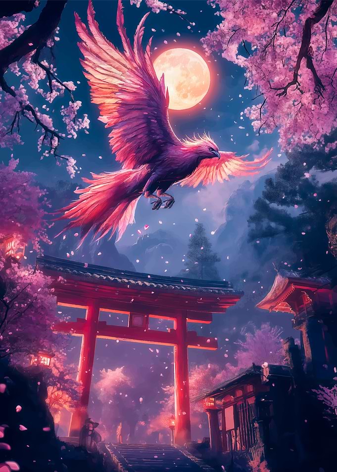 Phoenix in Cherry Blossom Night