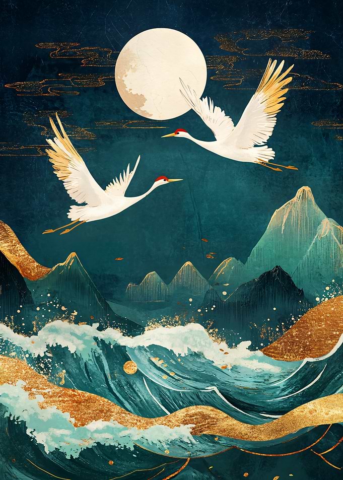Midnight Cranes and Moon over Waves