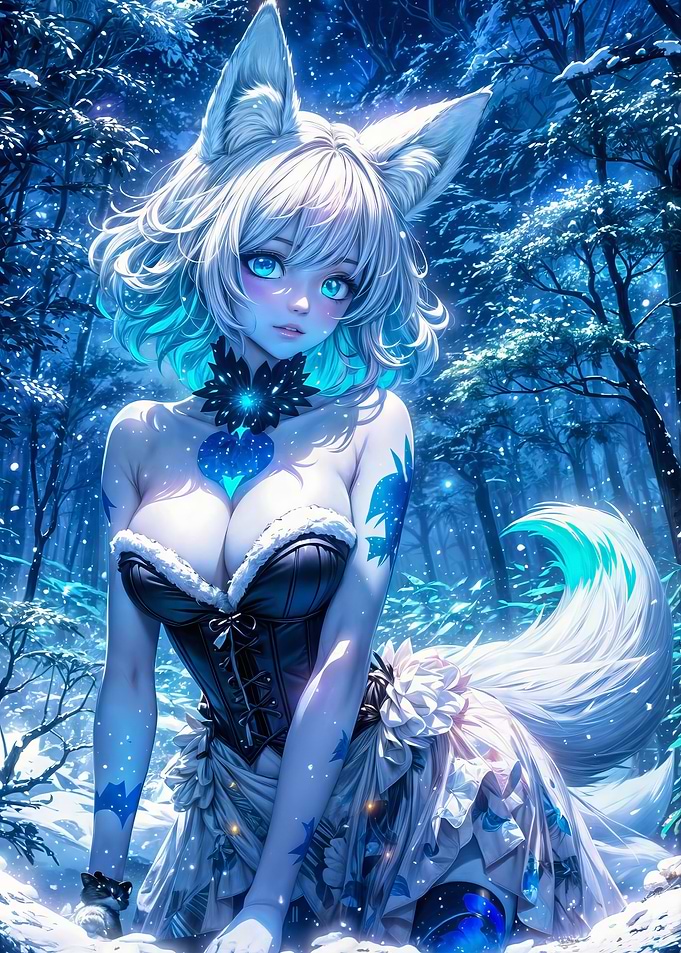 Anime Fox Girl in Winter Forest