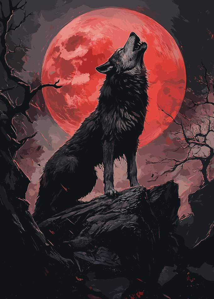 Wolf Howling at Blood Moon