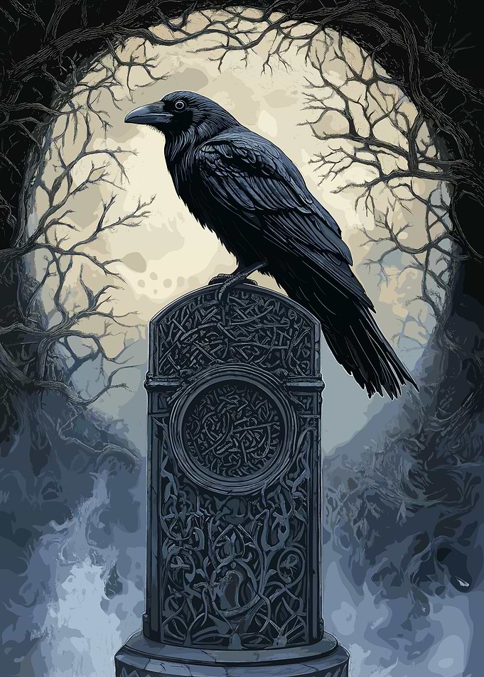 Gothic Raven on Stone Monument
