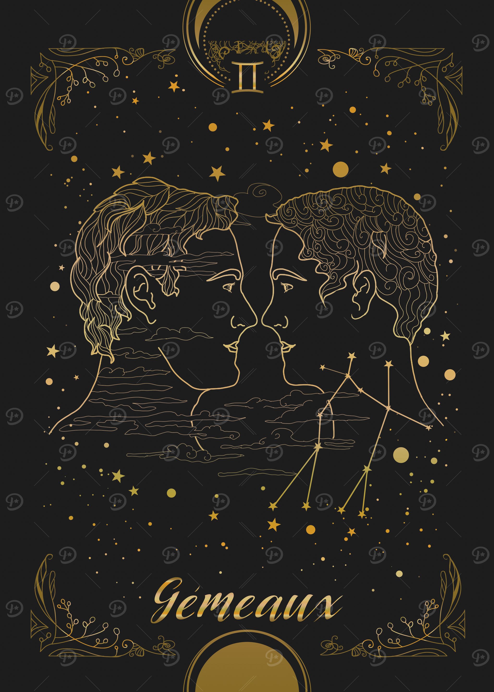 Gemini Zodiac Illustration black and Gold