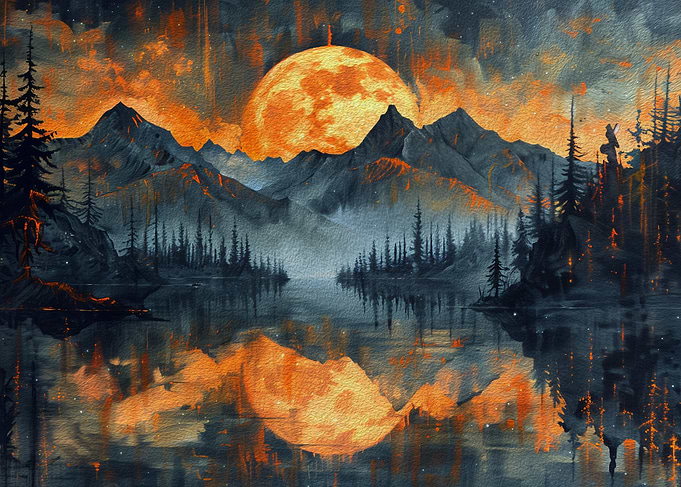 Mountain Lake with Full Moon