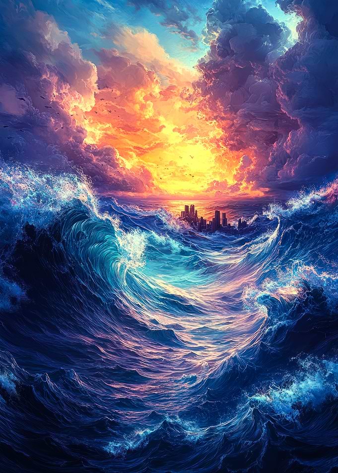 Ocean Stormy Sky With City