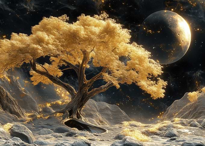 Cosmic Golden Tree Asteroid Landscape