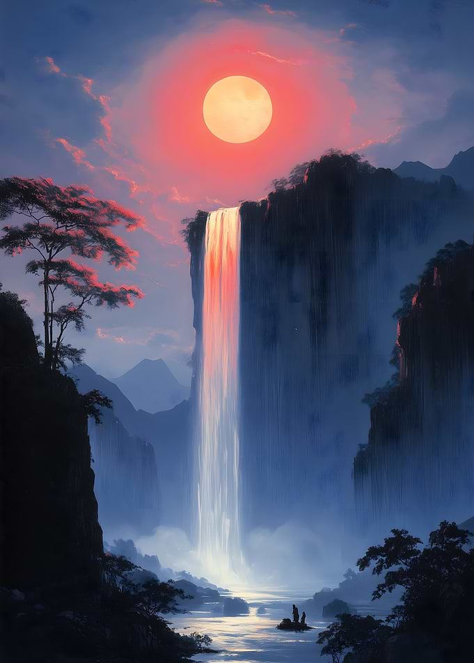 Waterfall Under a Red Moon