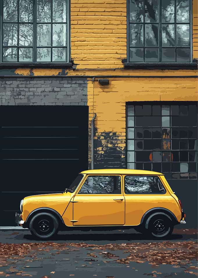 Yellow Mini Cooper by Brick Wall
