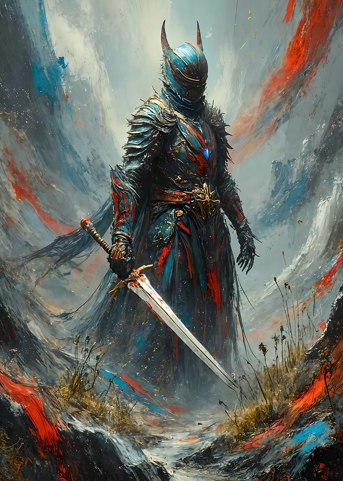 Dark Knight in a Mountainous Landscape