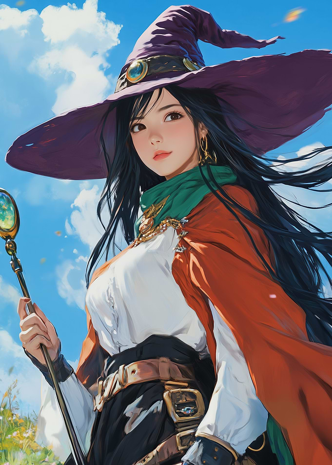 Witch with long black hair, big hat