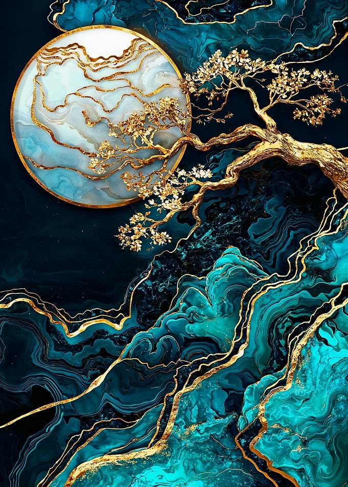 Kintsugi Gold Tree and Moon Abstract