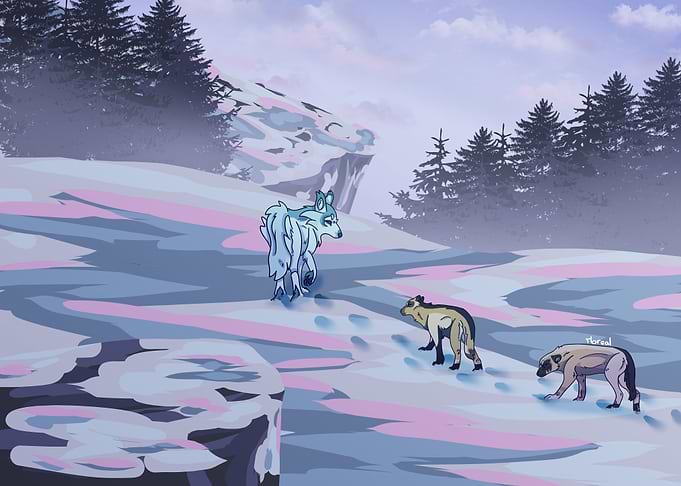 Wolf and Hyenas in Snowy Landscape