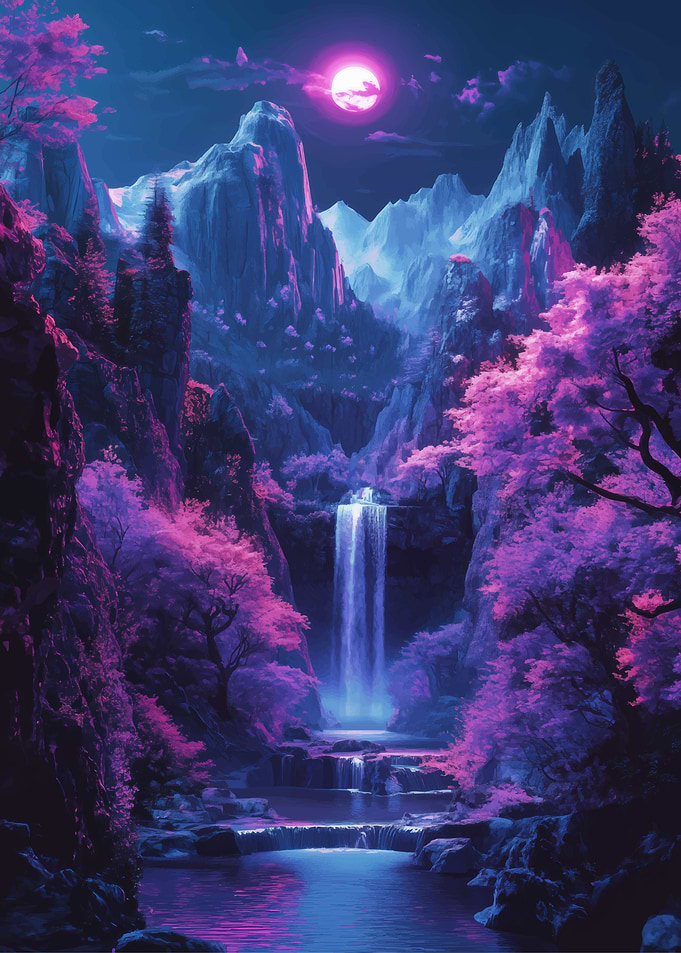 Night Waterfall in Fantasy Landscape