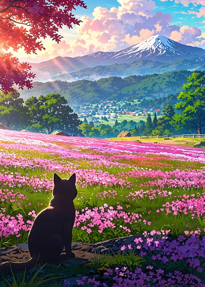 Cat in Flower Field