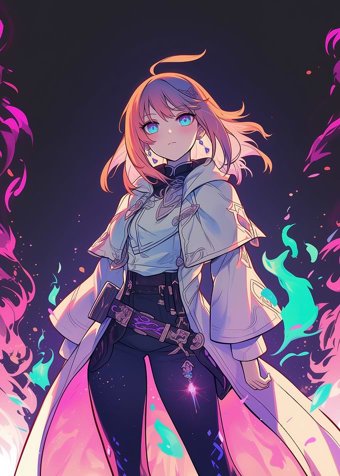 Anime Girl with short red hair on a Flaming Background
