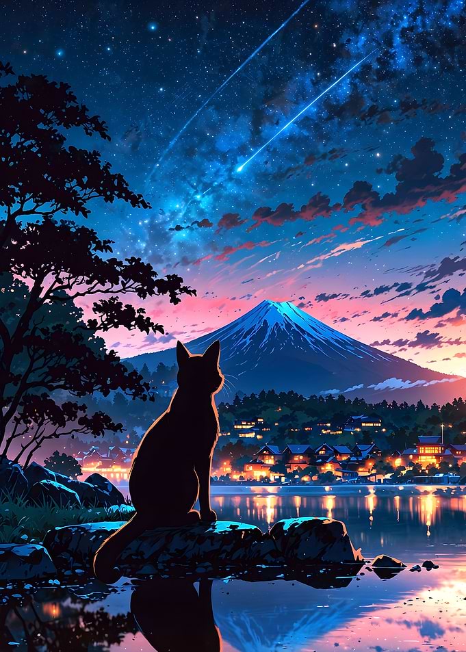 Cat Under Starry Sky
