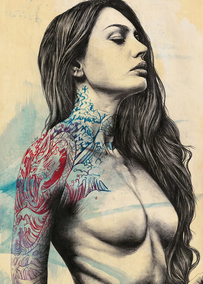 Nude woman with japanese tattoos
