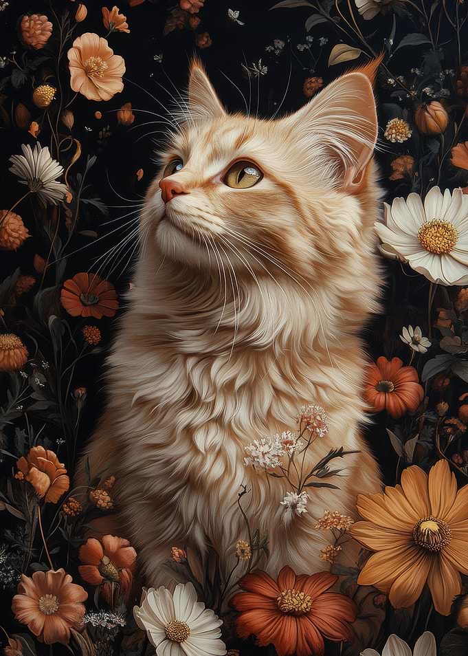 Cat in a Floral Garden