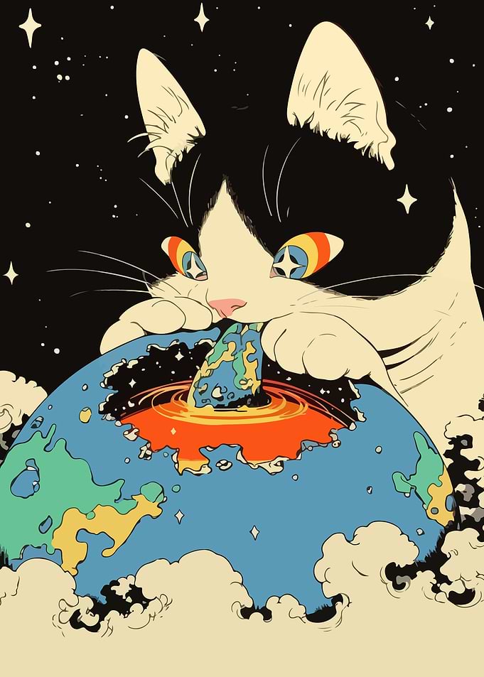 Fantasy Cat Eating Earth