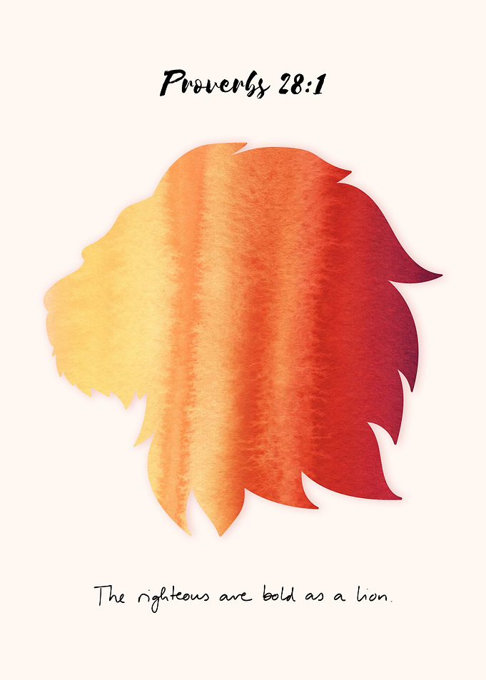 Lion Watercolor Bible Verse, Christian decor, Faith decoration, Proverbs 28