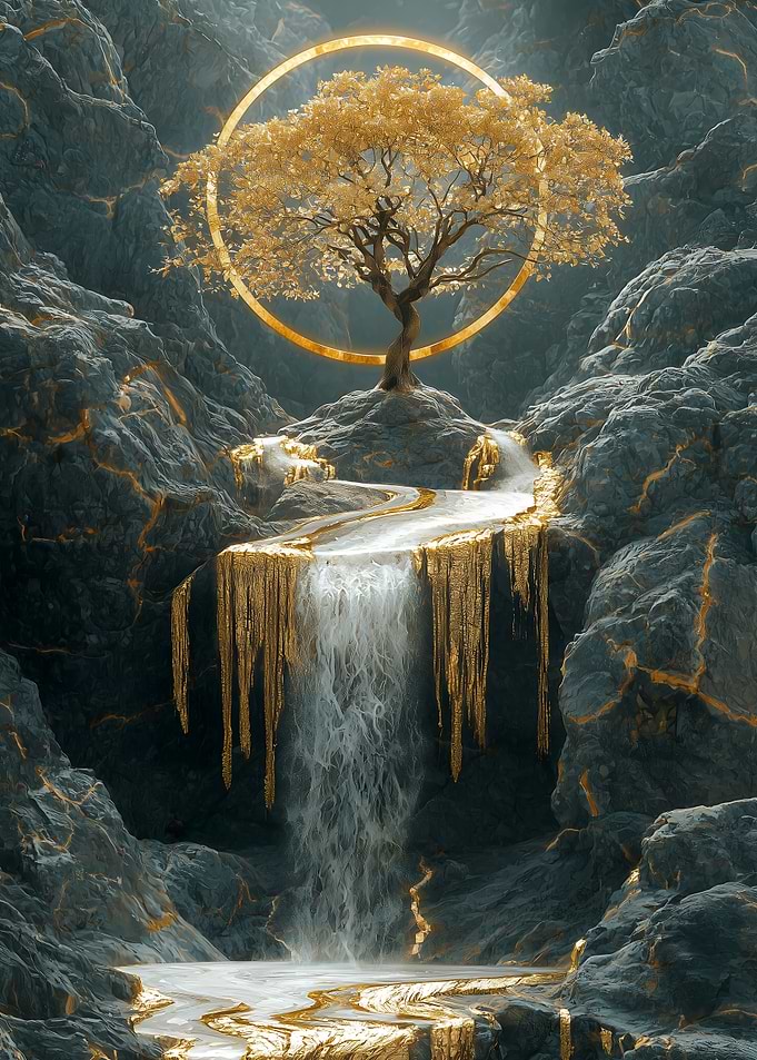 Golden Waterfall Landscape