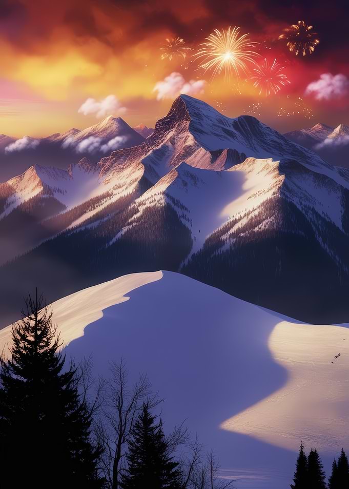 Fireworks Over Snowy Mountains