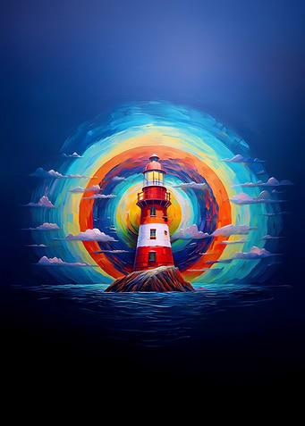 Vibrant Lighthouse Wall Art – Stunning Colorful Ocean Scene with Radiant Sunset Swirl