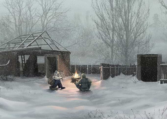 Snowy Campfire Scene