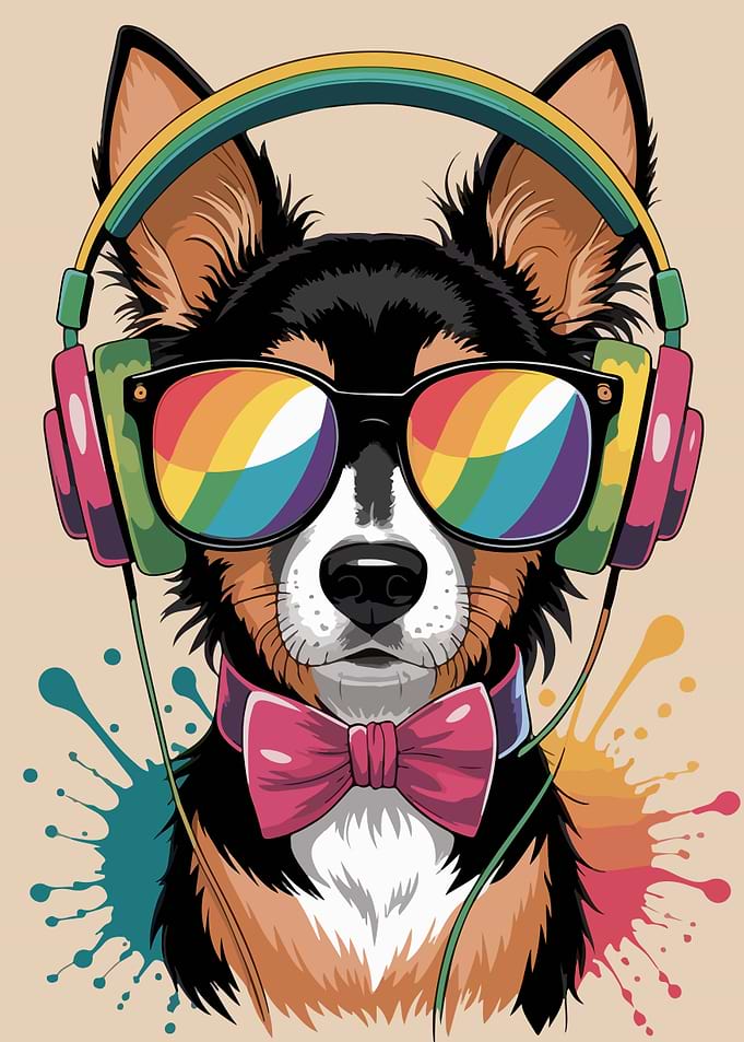 Dog with Headphones and Rainbow Glasses