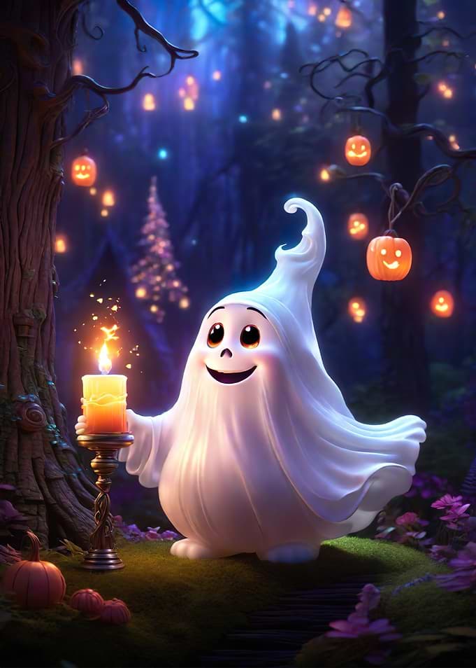 Friendly Ghost in Forest Dark Innocence Ghost Holding Candle Poster Spooky Decor Horror Art Poster