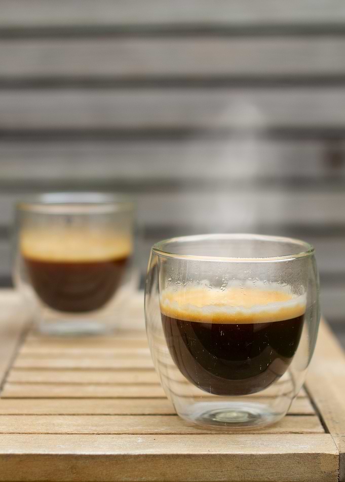 Steaming coffee in Double-Walled Espresso Cups