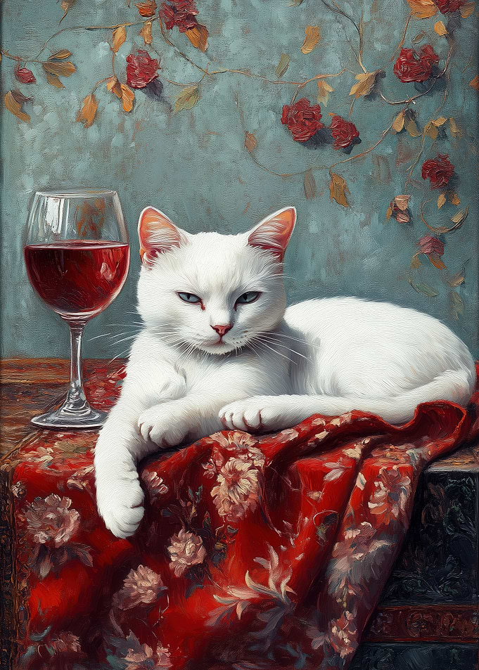 White Cat with Wine Glass