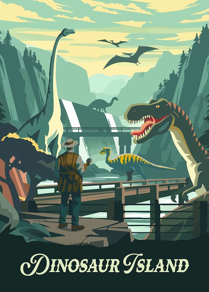 Dinosaur Island Board Game Inspired Illustration Poster