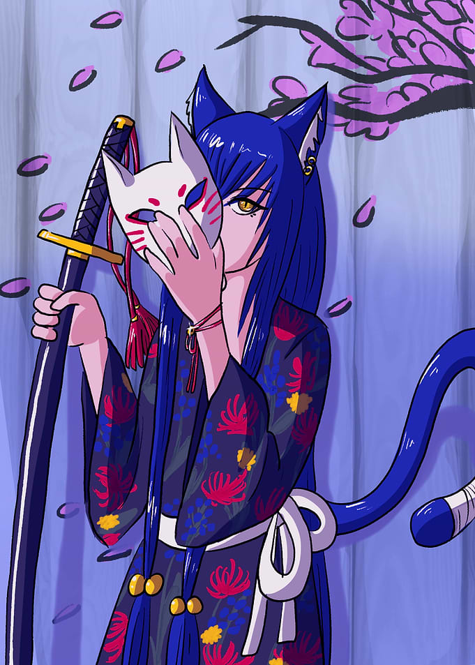 Kitsune with Mask and Sword
