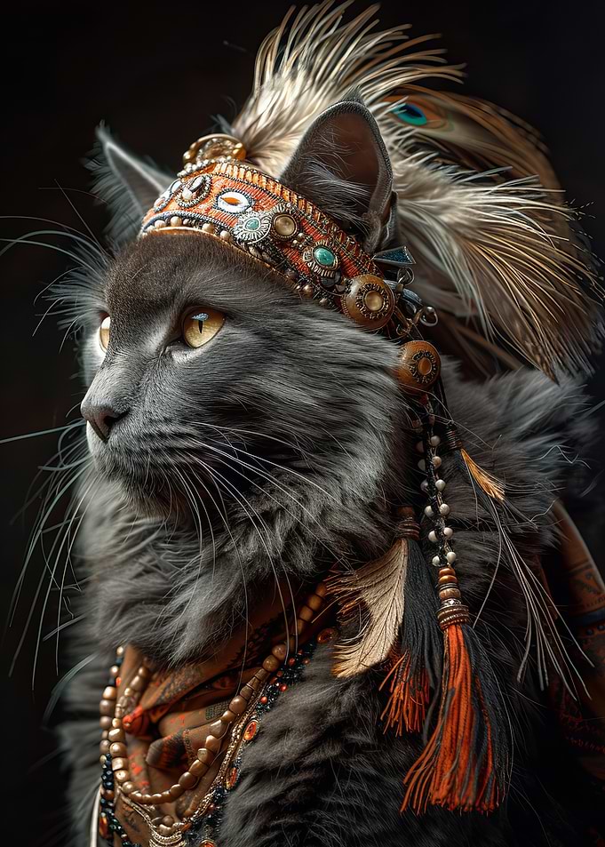 Gray Cat in Native American Headdress