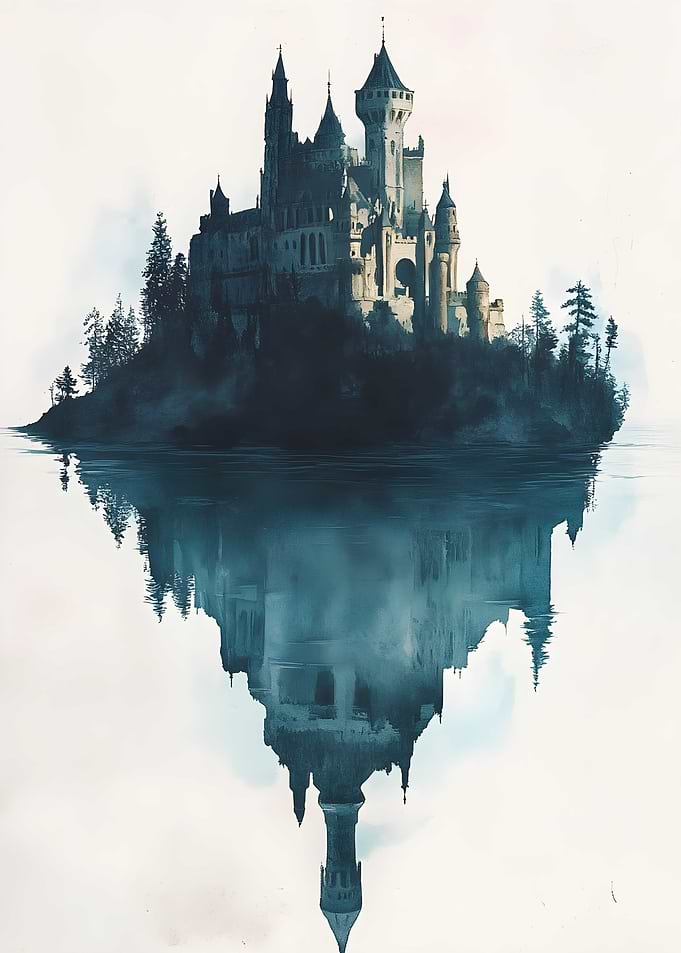A castle floats upside-down above an endless lake.