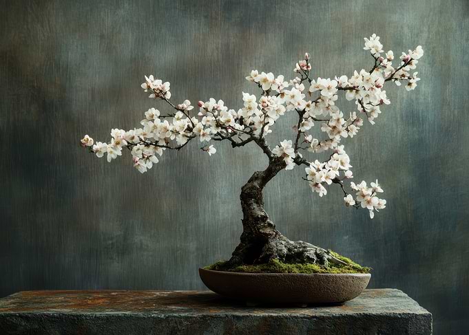 Bonsai Tree in Bloom White Flowers Still Life